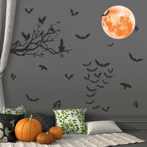 Miniatura 9 de Halloween Moon Wall Sticker Black Bat Wall Stickers Vinyl Crow Bird Tree Branch Wall Decals Removable Halloween Moon Bat Wall Decals Bats Window