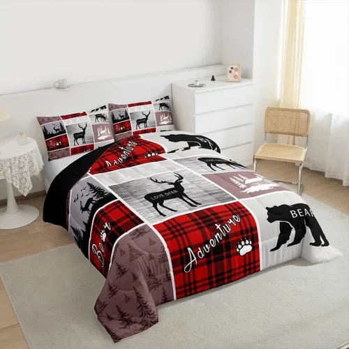 Miniatura 84 de Juego de edredón de oso y ciervo, tamaño individual, ropa de cama de animales salvajes de caza, colcha rústica de cabaña, casa de campo, cuadros