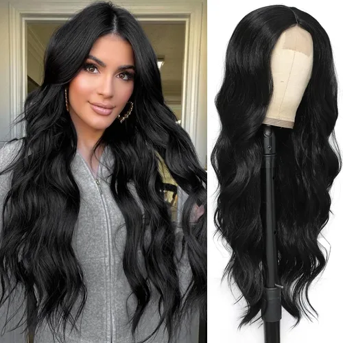 Miniatura 11 de Peluca de cabello sintético ondulado con encaje frontal, peluca marrón con reflejos rubios, pelucas largas onduladas de 28 pulgadas para mujeres