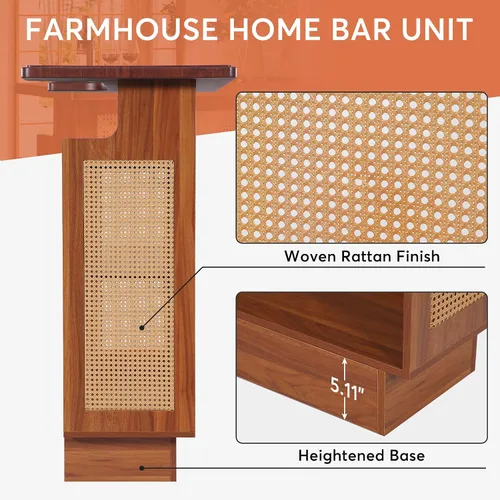Miniatura 6 de Tribesigns: unidad de bar para el hogar de ratán, mesa de bar de 4 estantes estilo granja con 4 portavasos y base elevada, gabinete de bar