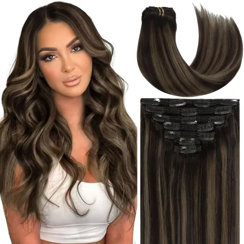Miniatura 7 de Caliee Extensiones de cabello con pinzas de cabello humano 14 pulgadas Color 1 Negro azabache trama doble invisibles Extensiones de cabello humano
