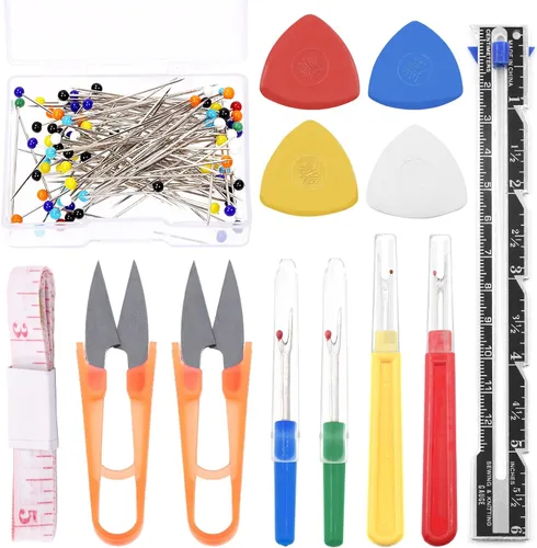 Swpeet Kit de herramientas de costura de 518 piezas, 10 tizas de sastre profesional, 1 medidor deslizante y 4 piezas de desgarrador de costura con