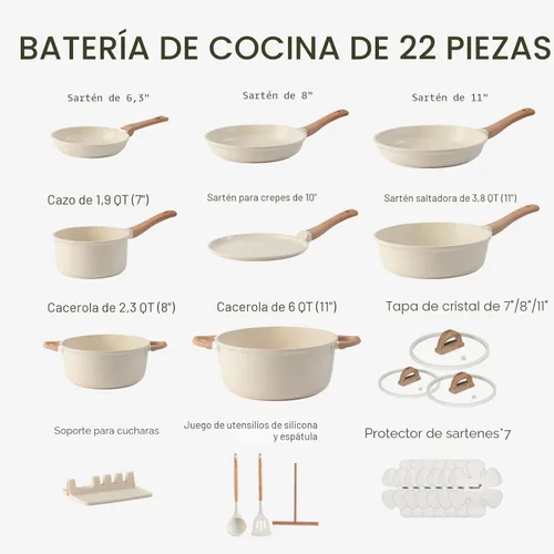 Miniatura 8 de Juego de ollas y sartenes antiadherentes, no tóxicos, 22 piezas de utensilios de cocina de cerámica, ollas y sartenes antiadherentes con tapa