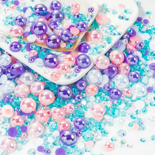 Miniatura 47 de 60g de Perlas Acuamarina Dorada con Diamantes de Imitación para Manualidades Tamaño Mixto 3mm-10mm Color AB Redondas Perlas Medias Planas Conjunto