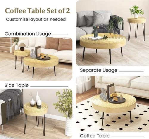 Miniatura 6 de Giantex Juego de 2 mesas auxiliares redondas bohemias, mesa anidable lateral para sofá con parte superior de madera de pino maciza, patas de metal