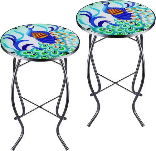 Miniatura 16 de Arbuxzuy Mesa auxiliar pequeña de 12 pulgadas para exteriores con mosaico azul-blanco, mesa de patio con mosaico de vidrio para interiores, mesa