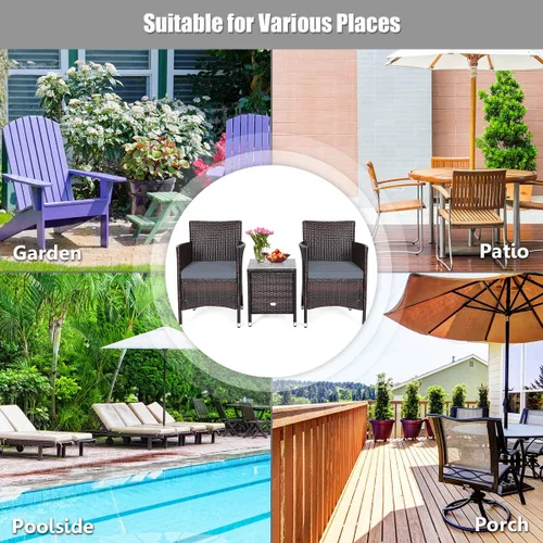 Miniatura 6 de RELAX4LIFE Juego de 3 muebles de patio con cojines extraíbles, juego de conversación de ratán al aire libre con mesa de centro cuadrada, juego de 3