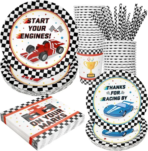 Recheel Suministros para fiestas de coche de carreras, juego de platos y servilletas de papel con temática de carreras a cuadros para cumpleaños con