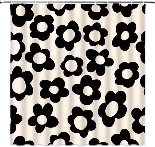 Miniatura 4 de Cute Retro Flower Shower Curtain Groovy Vintage Floral Funky Hippie Pastel Black Beige Daisy Abstract Aesthetic Fabric Bathroom Curtain Set with