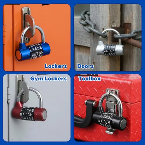 Miniatura 6 de 4 candados de combinación de 5 letras, candado de seguridad de metal resistente reiniciable sin llave en 4 colores para casillero de gimnasio, caja