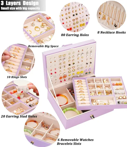 Miniatura 3 de QBestry Organizador de aretes de tuerca para niñas, caja de joyería morada para aretes, collar, organizador de joyas, caja de aretes para mujer