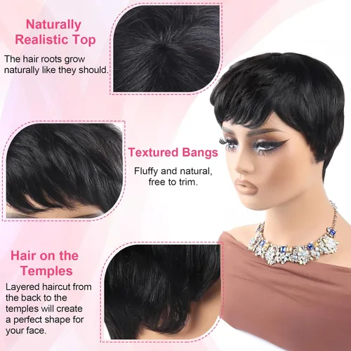 Miniatura 3 de Peluca de cabello humano con corte Pixie para mujeres negras, 100% cabello humano real, peluca corta y recta sin pegamento con flequillo, hecha a