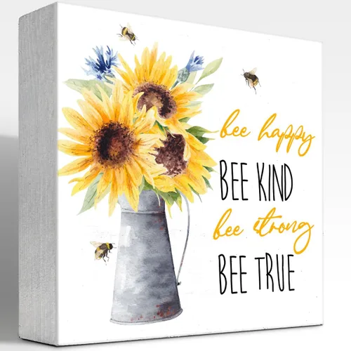 z-crange Letrero inspirador de madera con texto en inglés «Be Kind Be Happy Sunflowers», letrero de madera motivacional en bloque para el hogar,