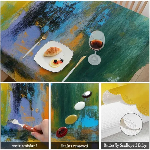 Miniatura 6 de Swono Mantel rectangular de pintura abstracta, diseño de bola de sol, color amarillo, turquesa, mantel de pícnic, mantel de poliéster para cocina