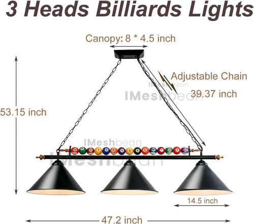 Miniatura 3 de Lámpara de mesa de billar de 47 pulgadas para mesas de 7 pies y 8 pies, colgar sobre billar con bola real y 3 pantallas de lámpara de metal