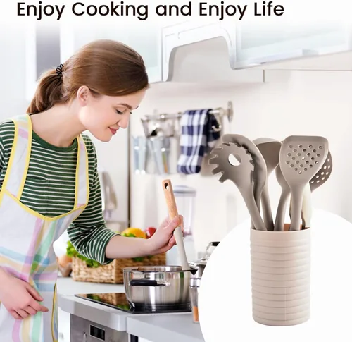 Miniatura 5 de Juego de utensilios de cocina de silicona, 8 piezas antiadherentes con soporte, utensilios de cocina caqui con asas de madera, juego de cocina