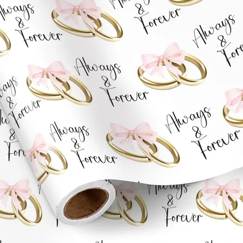 RUSPEPA Rollo de papel de regalo de boda, mini rollo, lazos rosas y anillos dorados con diseño de texto "Always & Forever", elegante envoltura de