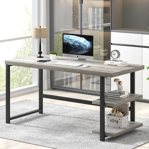 Miniatura 16 de FOLUBAN Escritorio para computadora de 47 pulgadas, escritorio pequeño para el hogar y oficina con estantes de almacenamiento, mesa de estudio, Nogal