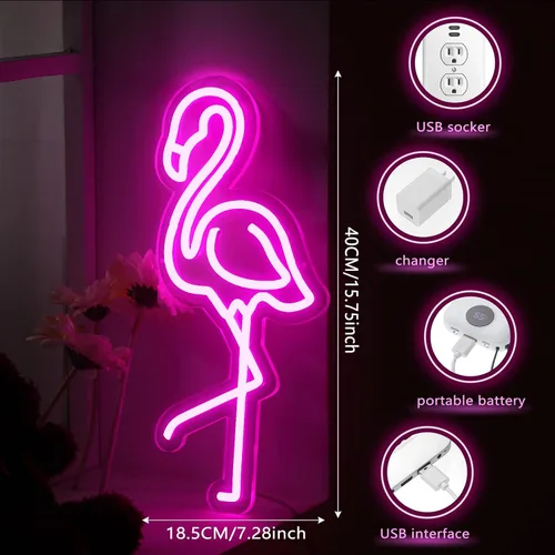 Miniatura 2 de ROCEEI Letrero de neón LED de flamenco tropical, luces de neón alimentadas por USB, letrero de arte de pared para decoración de Navidad, habitación