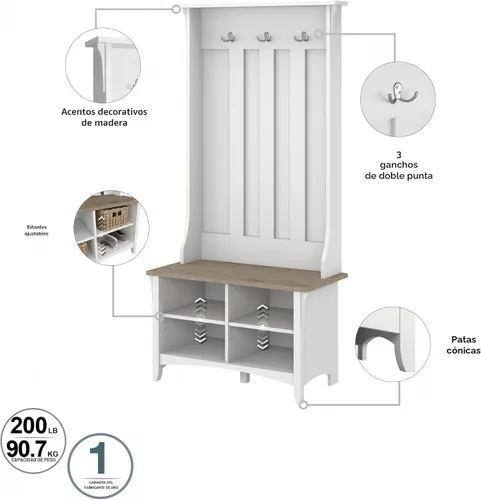 Miniatura 5 de Bush Furniture Salinas Hall Árbol con banco de almacenamiento de zapatos, blanco puro y gris Shiplap Shiplap Gris/Blanco Puro
