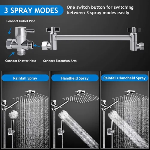 Miniatura 3 de PinWin Moderno cabezal de ducha cuadrado grande de 12 pulgadas con 5 modos de ducha de mano, brazo ajustable, fácil instalación sin herramientas