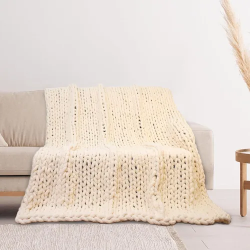 Manta de punto trenzado grueso de felpilla suave, cálida y acogedora hecha a mano con nudo de cuerda para sofá, decoración del hogar (color beige,