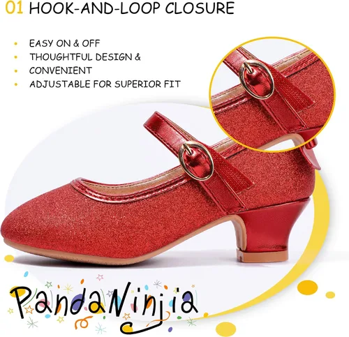 Miniatura 44 de PANDANINJIA Vestido de jada para niñas y niños pequeños, zapatos de princesa Mary Jane con tacones con lazo para fiesta, boda, boda
