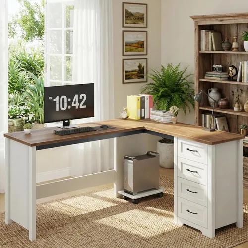 Miniatura 15 de Vabches 47" Farmhouse Executive Desk with Monitor Stand & File Cabinet,3 Drawers Computer Desk with LED Lights and Power Outlets,Workstation for