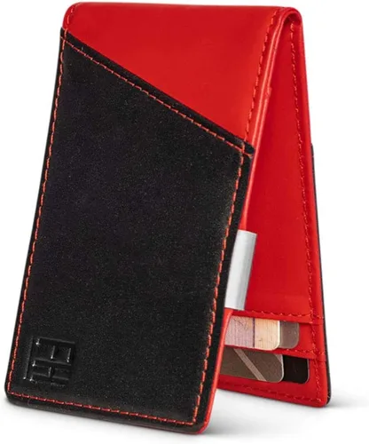 FH Signature - Cartera delgada con bloqueo RFID para hombre con clip de metal para dinero en cuero de grano superior Negro Rojo 425 x 275 Cartera