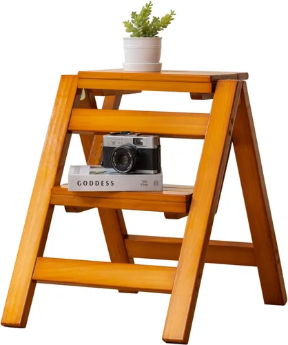 Miniatura 11 de Latifolia Escalera plegable de 3 escalones, taburete de madera con protector de suelo, estante decorativo para sala de estar, cocina, jardín (nogal)