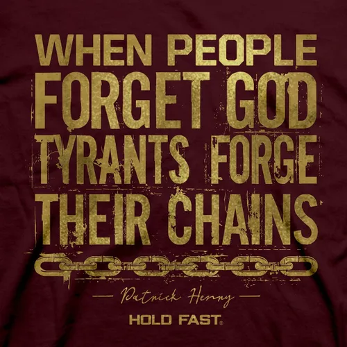 Miniatura 2 de Hold Fast Camiseta de algodón con cuello redondo con texto en inglés When People Forget God Tyrants Forge Their Chains Patrick Henry Maroon, talla S