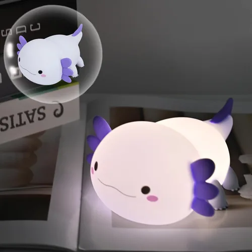 Miniatura 12 de HAPPYBAG Axolotl - Lámpara de noche para niños, bonita lámpara de ajolote de silicona regulable para guardería, lámpara táctil recargable Kawaii