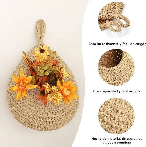 Miniatura 2 de Canastas colgantes de frutas boho para pared de cocina, paquete de 3, contenedor tejido para productos con 6 piezas de ganchos fuertes, cesta de lino