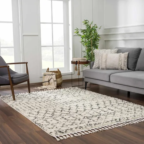 Miniatura 46 de Hauteloom, Duncans - Alfombra de estilo granja de pelo mullido para sala y dormitorio, con borlas - Beige, carbón, gris - 2 pies 7 pulgadas x 7 pies