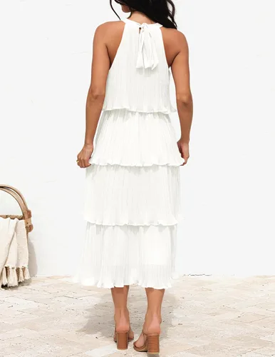 Miniatura 4 de ZESICA Vestido largo midi de gasa con capas escalonadas y cuello halter para mujer, 2024