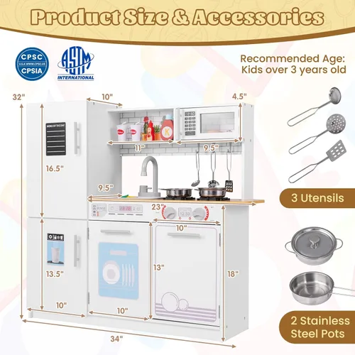 Miniatura 8 de HONEY JOY Juego de cocina para niños, cocina de madera de pequeño chef de simulación con pizarra, gran gabinete de almacenamiento, estufa, grifo
