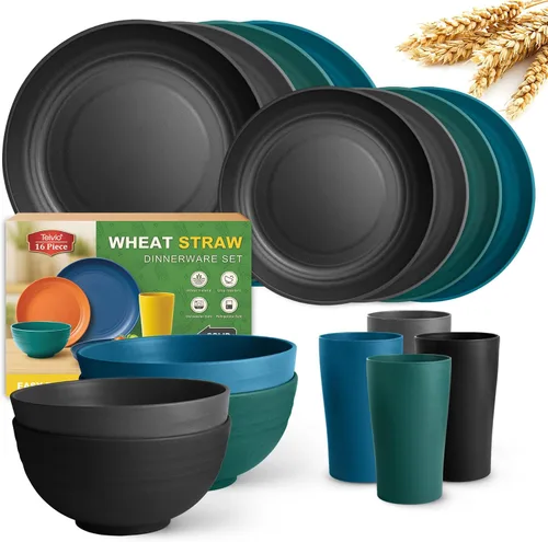 Miniatura 12 de Teivio Juego de vajilla de plástico de paja de trigo de 16 piezas, servicio para 4, platos de cena, plato de postre, tazones para cereales, tazas