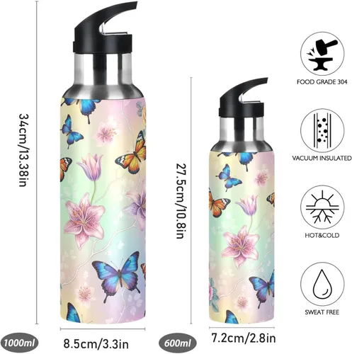 Miniatura 2 de BPA-Free Sport Water Bottle Insulated 32 Oz, Insulated Stainless Steel Water Bottle with Straw for Gym Outdoor Travel School, Colorful Butterflies