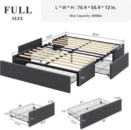 Miniatura 2 de Allewie - Base de cama tamaño matrimonial con plataforma, 3 cajones de almacenamiento, tapizada en tela, soporte de listones de madera, no necesita