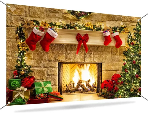 Miniatura 3 de Mocsicka Telón de fondo de chimenea de Navidad de 7 x 5 pies, caja de regalo de árbol de Navidad, botas rojas, fondo adornado, fondo de fotografía