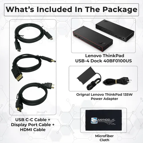 Miniatura 2 de Lenovo 40BF0100US USB4 Docking Station for Laptops with 100W Adapter, HDMI, DisplayPort, USB C Cables & Cloth - Docking Station