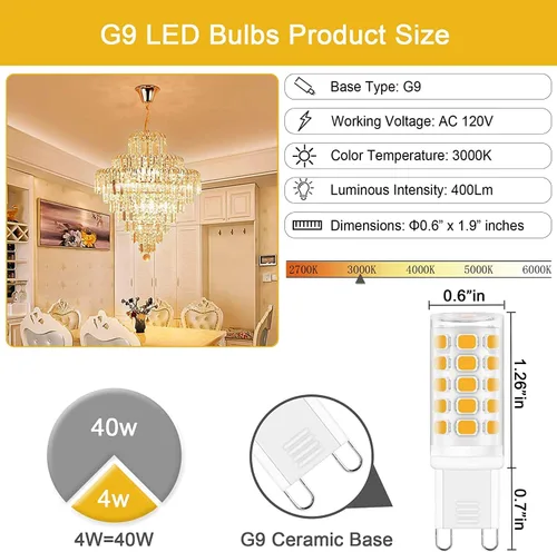 Miniatura 5 de Bombilla LED G9 de 3000 K blanco suave, 40 W equivalente, ángulo del haz de luz de 360°, 400 lúmenes, sin parpadeo, 120 V, base de doble clavija