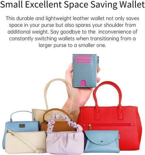 Miniatura 5 de Cartera delgada para mujer, pequeña cartera de cuero con bloqueo RFID, tarjetero minimalista con bolsillo frontal con monederos y bolsas, Azul