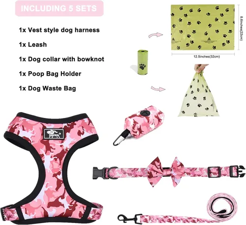 Miniatura 6 de Juego de arnés y correa para perros pequeños, ajustable, reflectante, sin tirones, chaleco para cachorro con collar de corbatín, correa y bolsa
