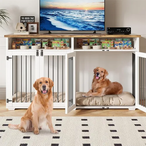 Miniatura 11 de Jaula para perros de 72 pulgadas para 2 perros, jaula de madera para perros con compartimento de almacenamiento, perrera de interior con 4 puertas