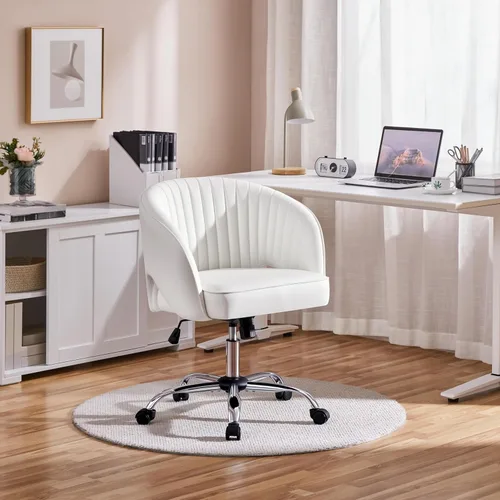 Miniatura 2 de Yaheetech Silla de Oficina para Casa, Silla de Escritorio de Cuero Sintético, Silla Giratoria Moderna con Respaldo Acolchado Tipo Barril, Ruedas