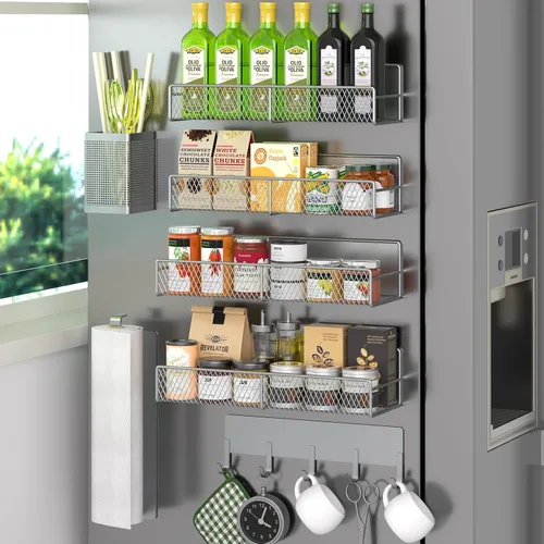Miniatura 10 de Estante magnético para especias para refrigerador, paquete de 7 estantes magnéticos fuertes 100% de metal, organizador de especias con soporte