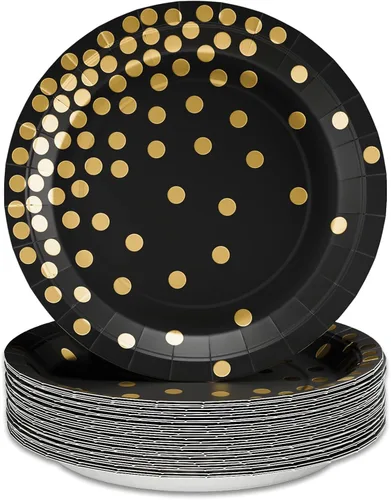 DYLIVeS Plato de papel, paquete de 80 lunares negros y dorados, platos desechables de 7 pulgadas, redondo, casual, para todas las estaciones, para