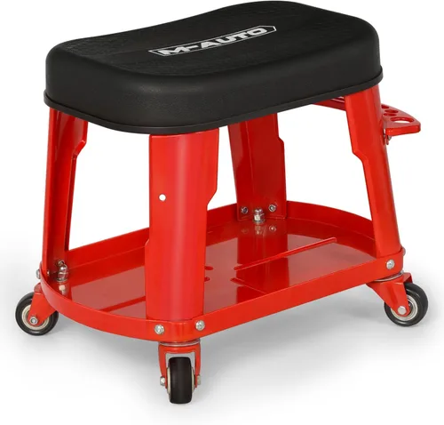 M-AUTO Asiento de trabajo rodante de garaje resistente, taburete mecánico de capacidad de 300 libras con ruedas, bandeja para equipos y estante de