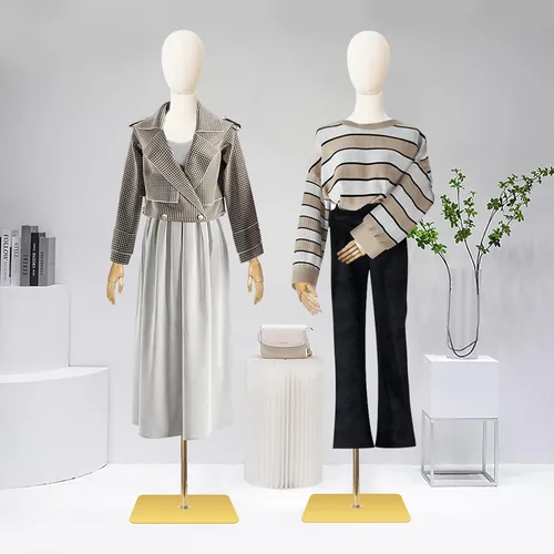 Miniatura 6 de Maniquí Cuerpo Vestido Femenino Forma Lino Tela Manikin Torso con Cabeza Desmontable Altura Ajustable Soporte de Metal, Dos Manos de Madera